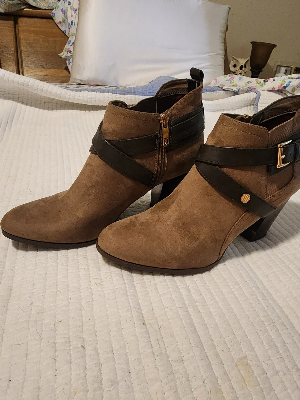 Tommy Hilfiger Tan Faux-Suede Ankle Boots with Strap Accents‎